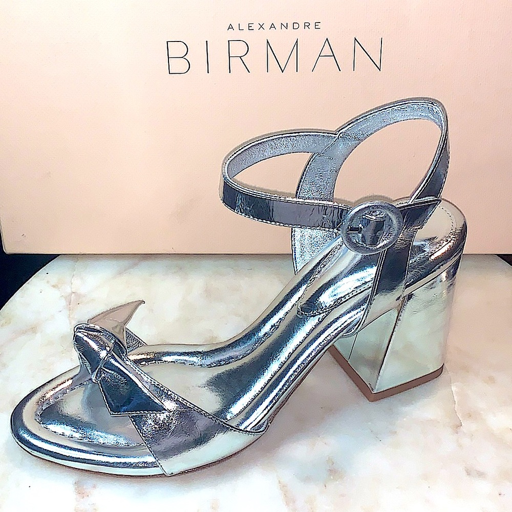 ALEXANDRE BIRMAN CLARITA 75 FLARE METALLIC SILVER SANDAL 36.5 NEW IN BOX